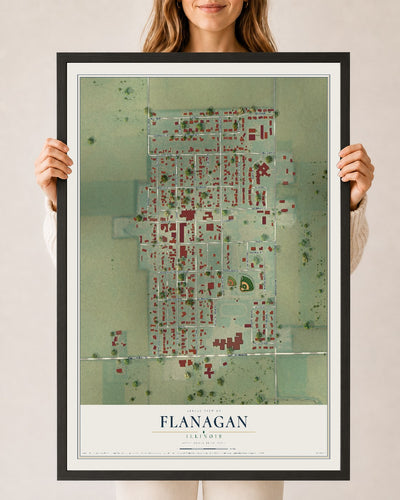 Map of Flanagan, Illinois, 24 x 36 inch print in a black wood frame