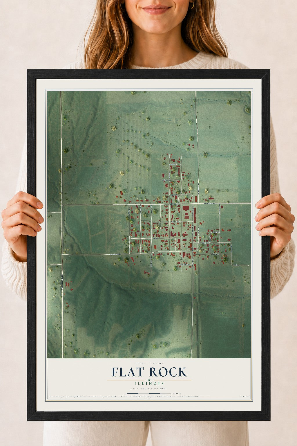 Map of Flat Rock, Illinois, 18 x 24 inch print in a black wood frame
