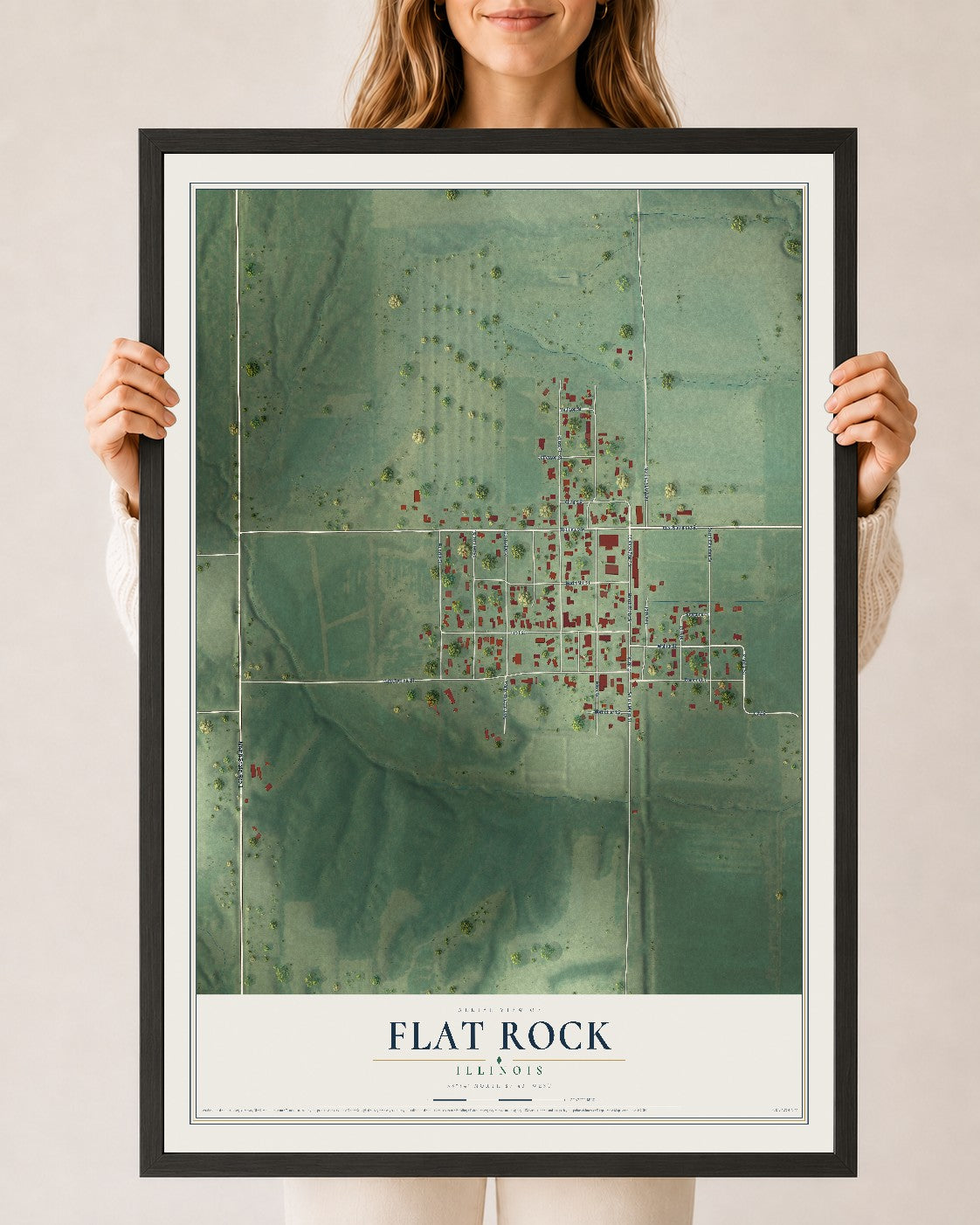 Map of Flat Rock, Illinois, 24 x 36 inch print in a black wood frame