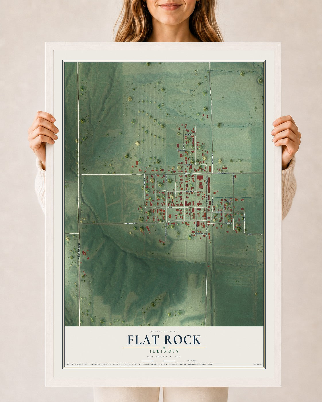 Map of Flat Rock, Illinois, 24 x 36 inch print in a white wood frame