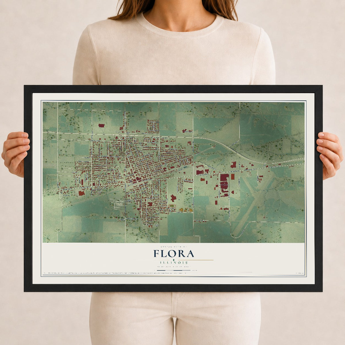 Map of Flora, Illinois, 12 x 18 inch print in a black wood frame