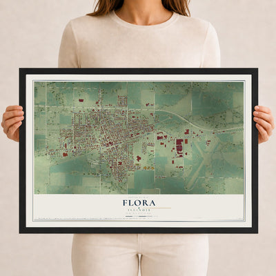Map of Flora, Illinois, 12 x 18 inch print in a black wood frame