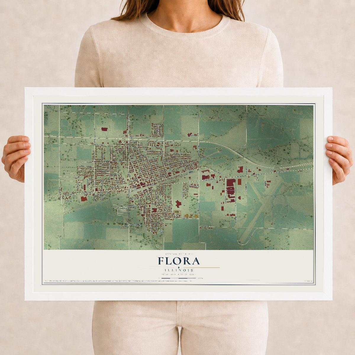 Map of Flora, Illinois, 12 x 18 inch print in a white wood frame