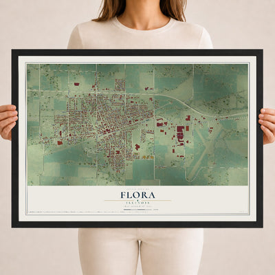 Map of Flora, Illinois, 18 x 24 inch print in a black wood frame