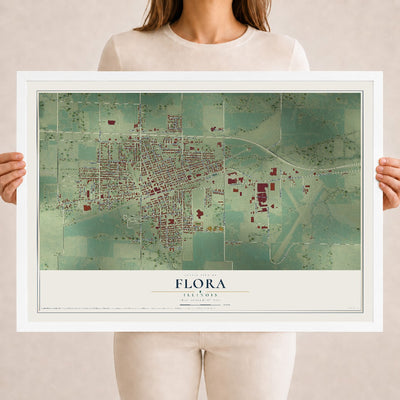 Map of Flora, Illinois, 18 x 24 inch print in a white wood frame