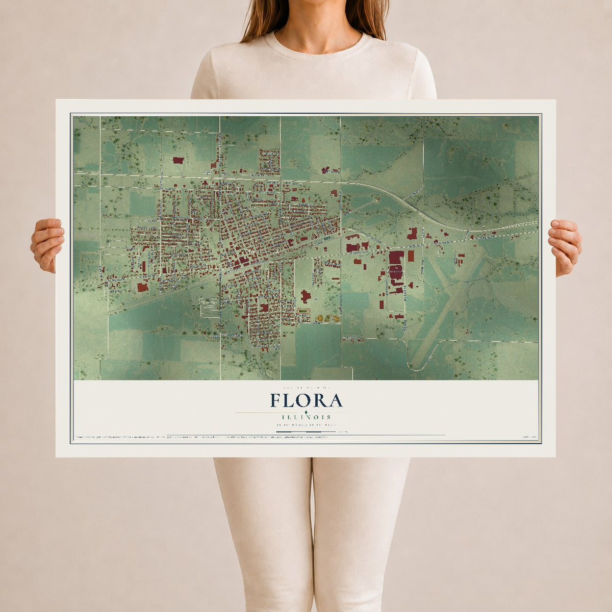 Map of Flora, Illinois, 24 x 36 inch unframed archival matte print