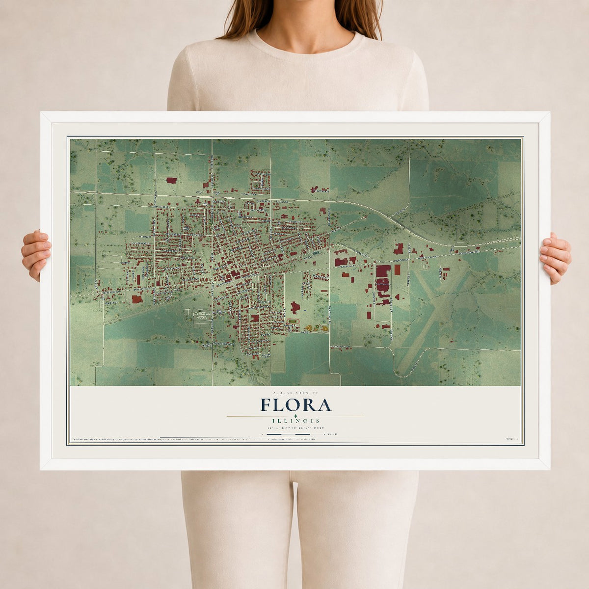 Map of Flora, Illinois, 24 x 36 inch print in a white wood frame