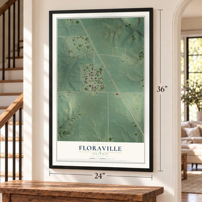Floraville, Illinois map, 24 x 36 inch print in a black frame by a staircase