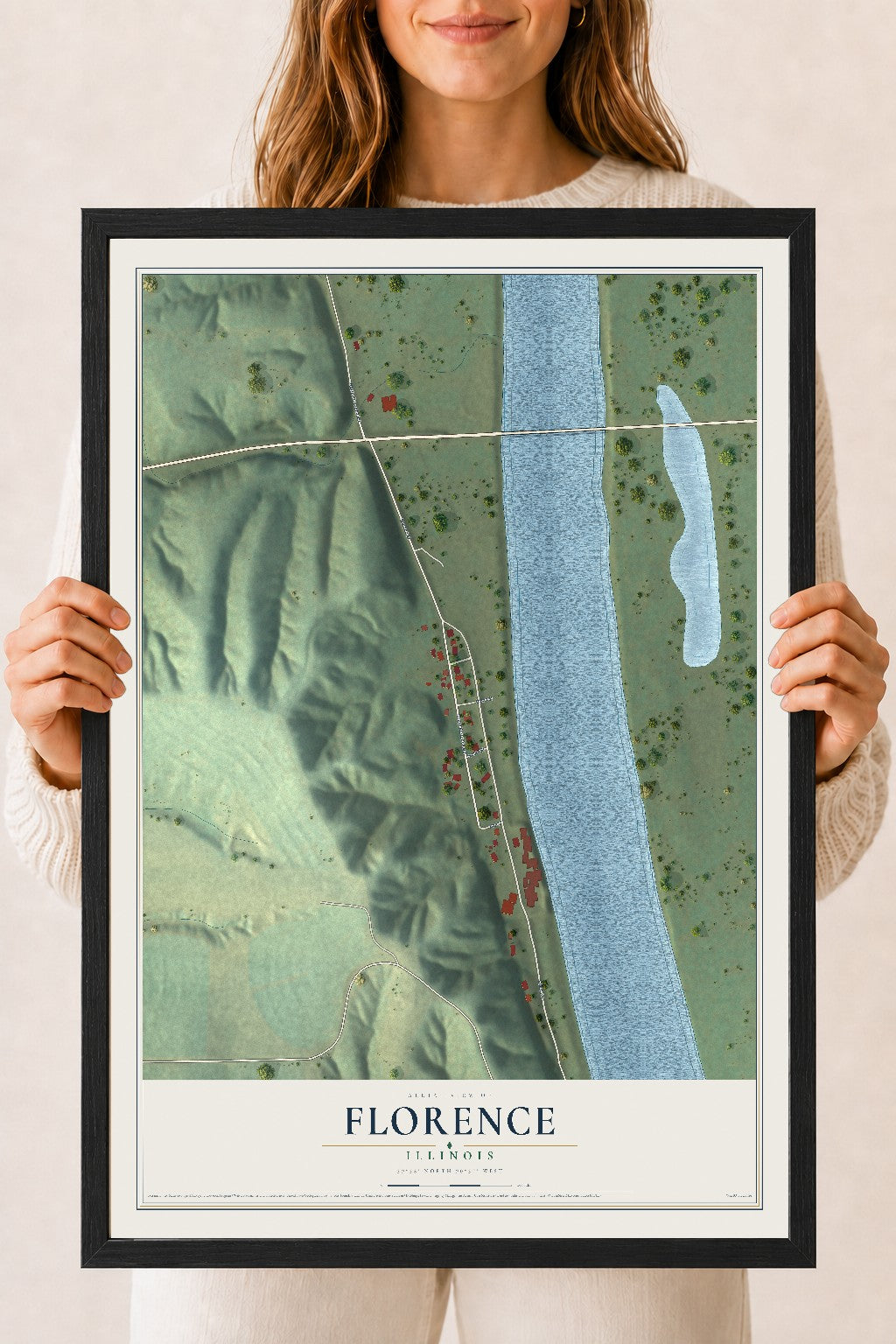 Map of Florence, Illinois, 18 x 24 inch print in a black wood frame
