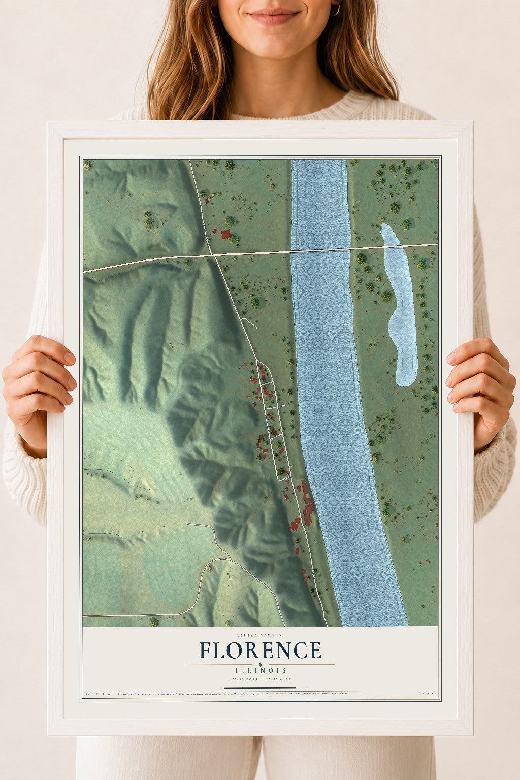 Map of Florence, Illinois, 18 x 24 inch print in a white wood frame