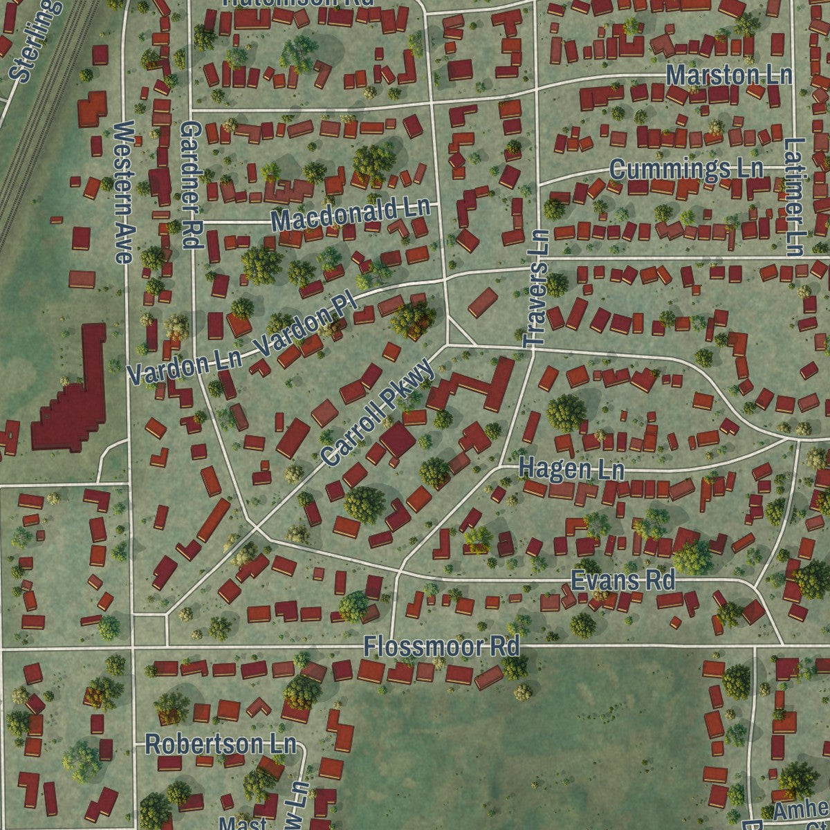 Close-up of the map of Flossmoor, Illinois print showing street and building detail