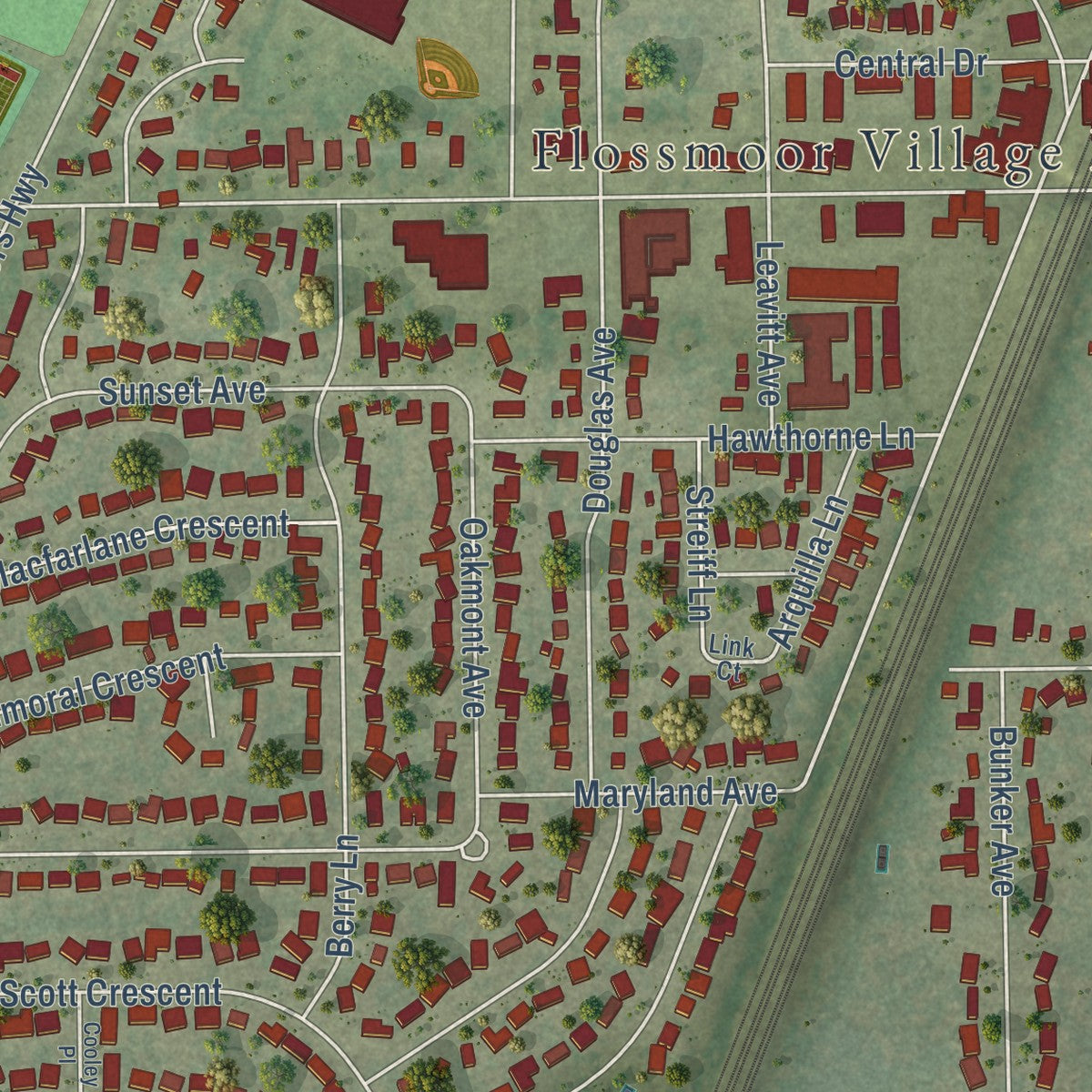 Second close-up of the map of Flossmoor, Illinois print showing more streets and buildings