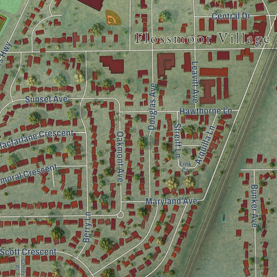 Second close-up of the map of Flossmoor, Illinois print showing more streets and buildings