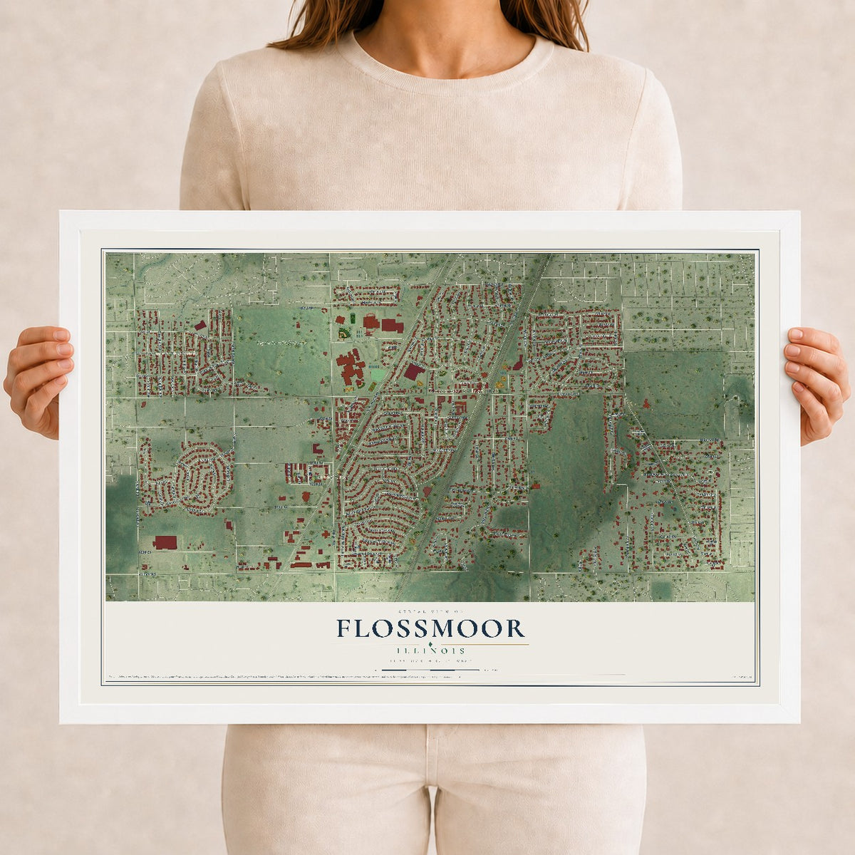 Map of Flossmoor, Illinois, 12 x 18 inch print in a white wood frame