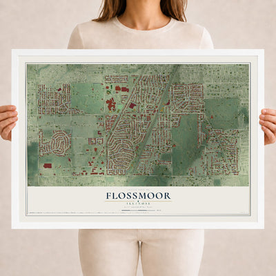 Map of Flossmoor, Illinois, 18 x 24 inch print in a white wood frame