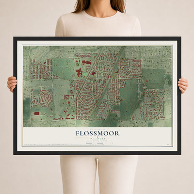 Map of Flossmoor, Illinois, 24 x 36 inch print in a black wood frame