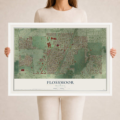 Map of Flossmoor, Illinois, 24 x 36 inch print in a white wood frame
