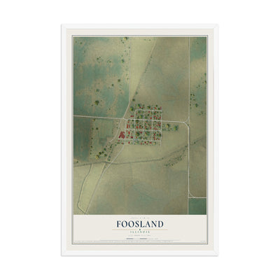 Map of Foosland, Illinois, 12 x 18 inch print in a white wood frame