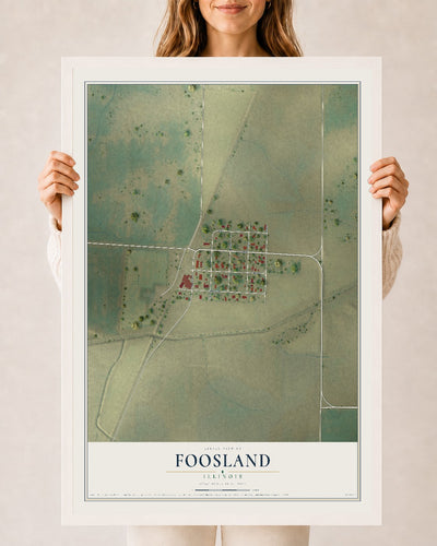 Map of Foosland, Illinois, 24 x 36 inch print in a white wood frame