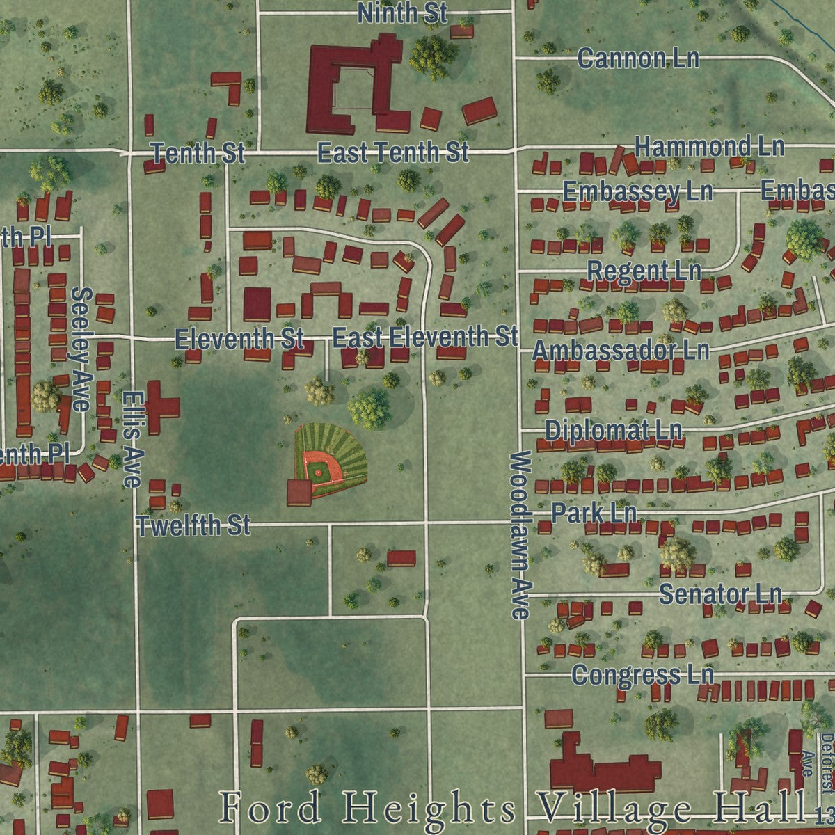 Close-up of the map of Ford Heights, Illinois print showing street and building detail
