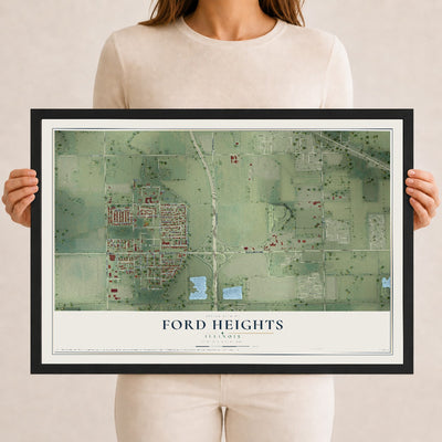 Map of Ford Heights, Illinois, 12 x 18 inch print in a black wood frame