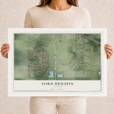 Map of Ford Heights, Illinois, 12 x 18 inch print in a white wood frame