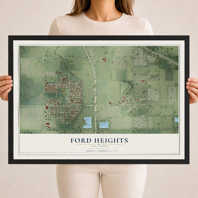 Map of Ford Heights, Illinois, 18 x 24 inch print in a black wood frame