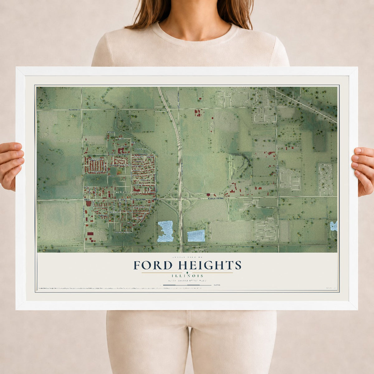 Map of Ford Heights, Illinois, 18 x 24 inch print in a white wood frame