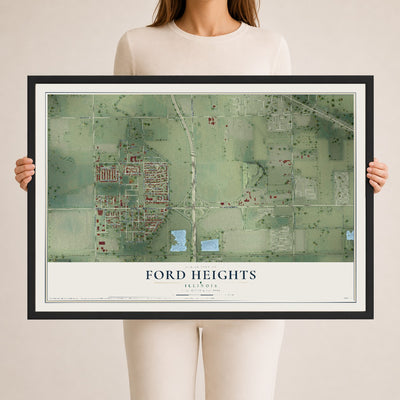 Map of Ford Heights, Illinois, 24 x 36 inch print in a black wood frame