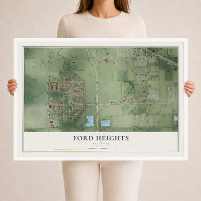 Map of Ford Heights, Illinois, 24 x 36 inch print in a white wood frame