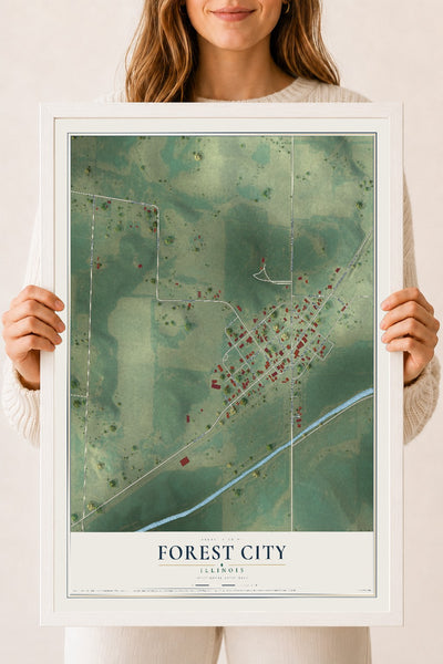 Map of Forest City, Illinois, 18 x 24 inch print in a white wood frame