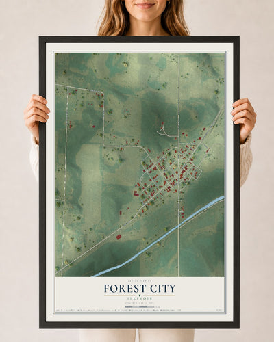 Map of Forest City, Illinois, 24 x 36 inch print in a black wood frame