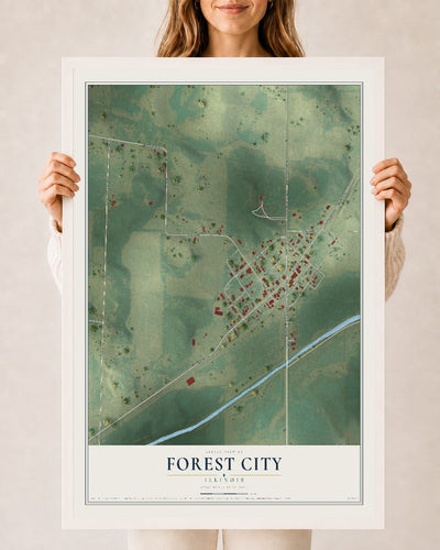 Map of Forest City, Illinois, 24 x 36 inch print in a white wood frame