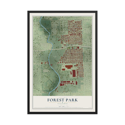 Map of Forest Park, Illinois, 12 x 18 inch print in a black wood frame