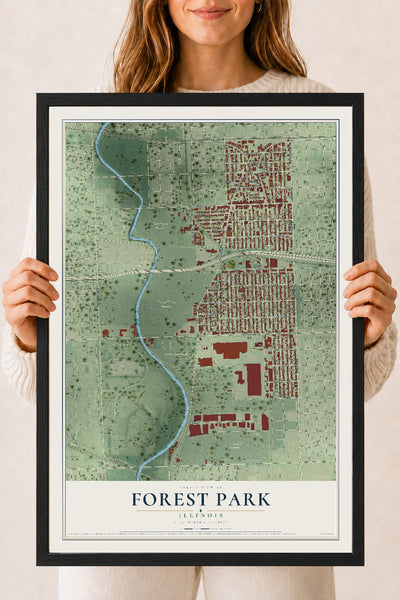 Map of Forest Park, Illinois, 18 x 24 inch print in a black wood frame