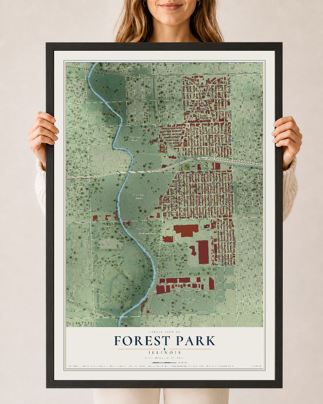Map of Forest Park, Illinois, 24 x 36 inch print in a black wood frame