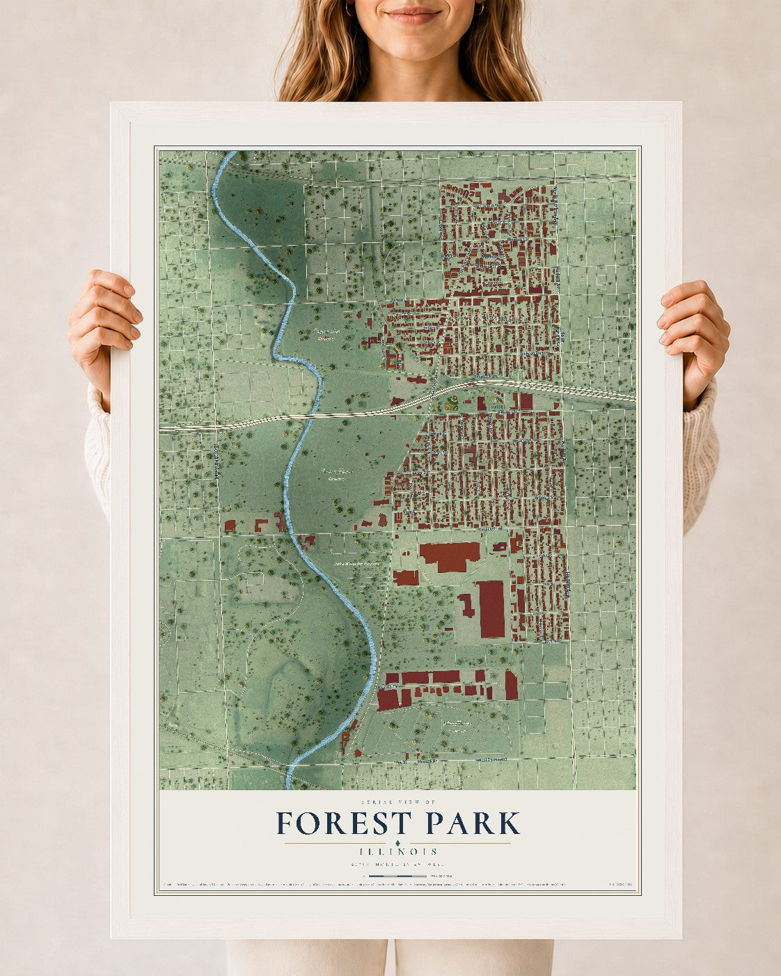 Map of Forest Park, Illinois, 24 x 36 inch print in a white wood frame