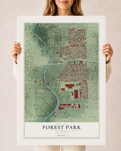 Map of Forest Park, Illinois, 24 x 36 inch print in a white wood frame