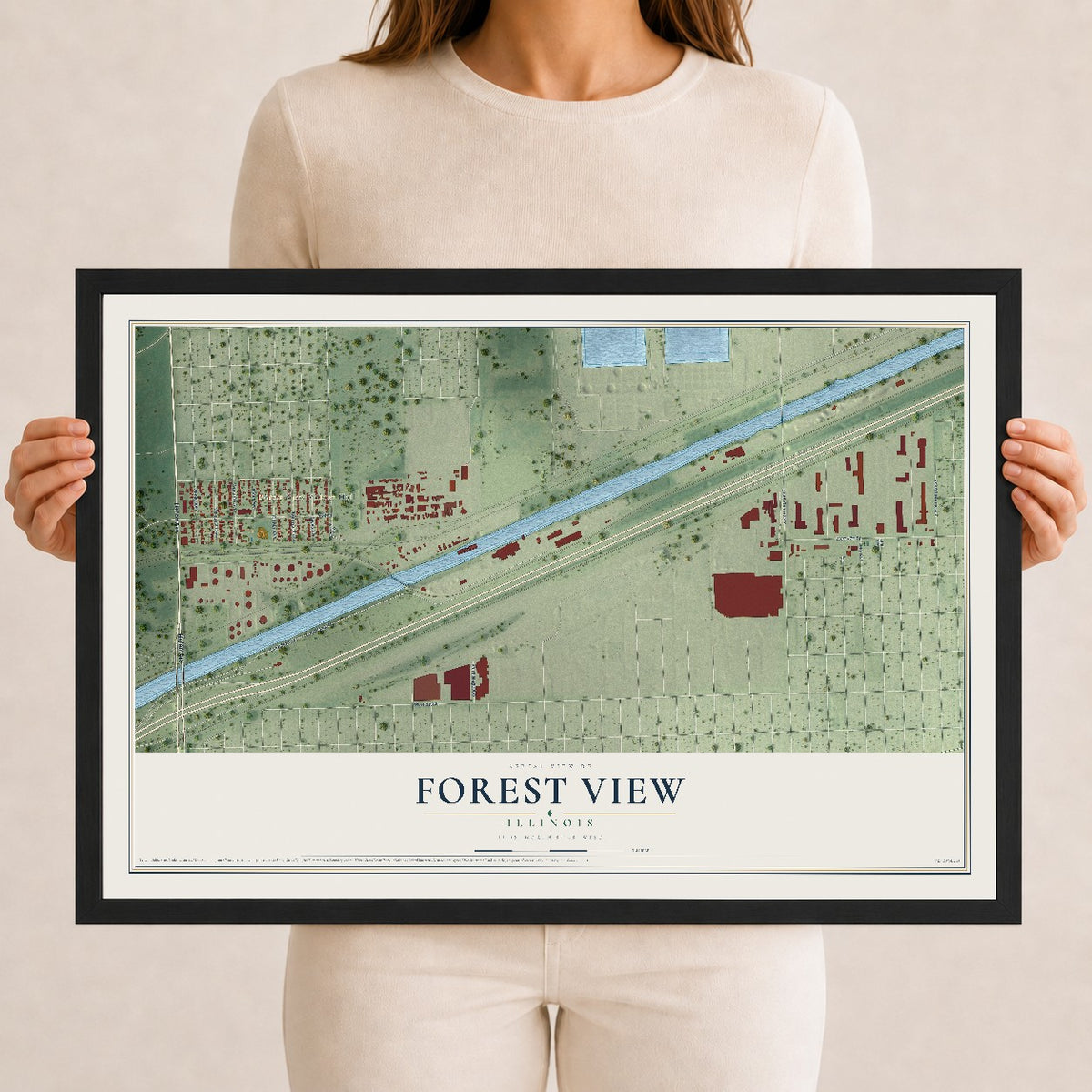 Map of Forest View, Illinois, 12 x 18 inch print in a black wood frame