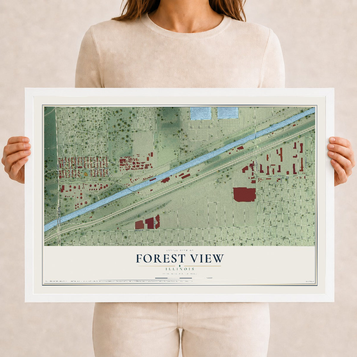 Map of Forest View, Illinois, 12 x 18 inch print in a white wood frame