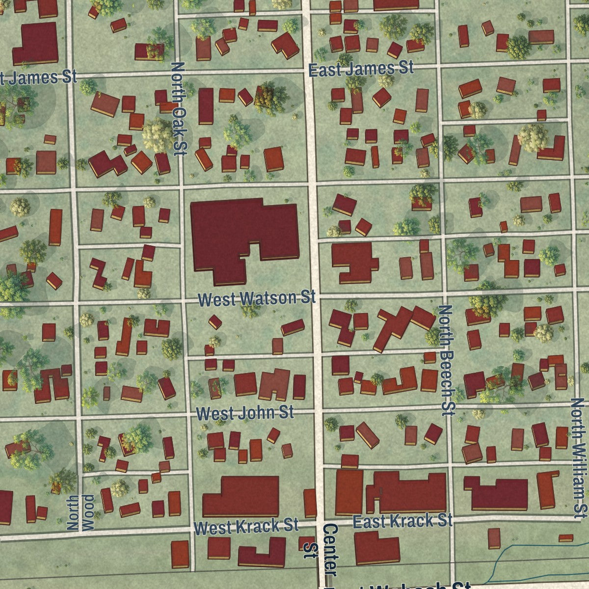 Close-up of the map of Forrest, Illinois print showing street and building detail