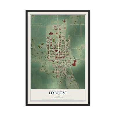 Map of Forrest, Illinois, 12 x 18 inch print in a black wood frame