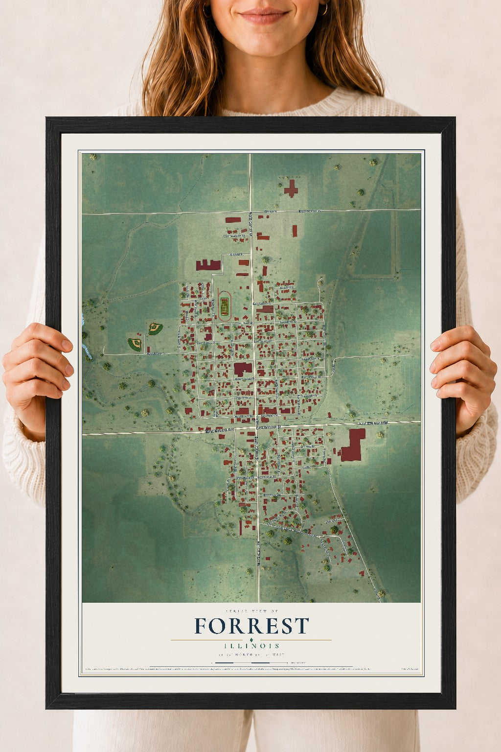 Map of Forrest, Illinois, 18 x 24 inch print in a black wood frame