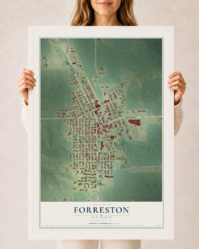 Map of Forreston, Illinois, 24 x 36 inch print in a white wood frame