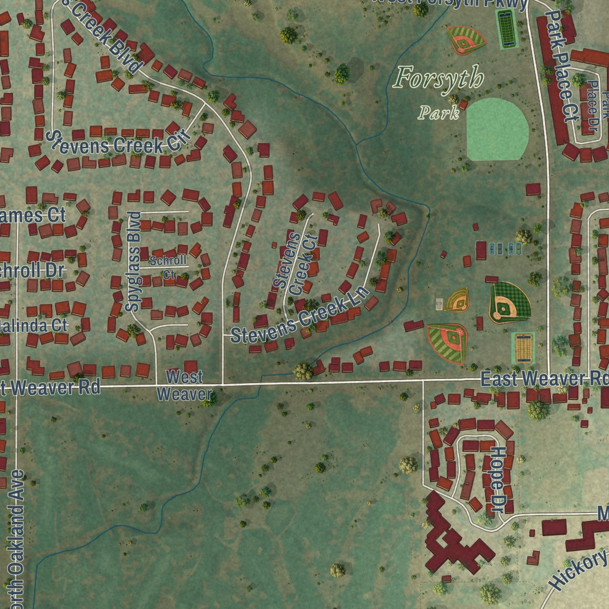 Second close-up of the map of Forsyth, Illinois print showing more streets and buildings