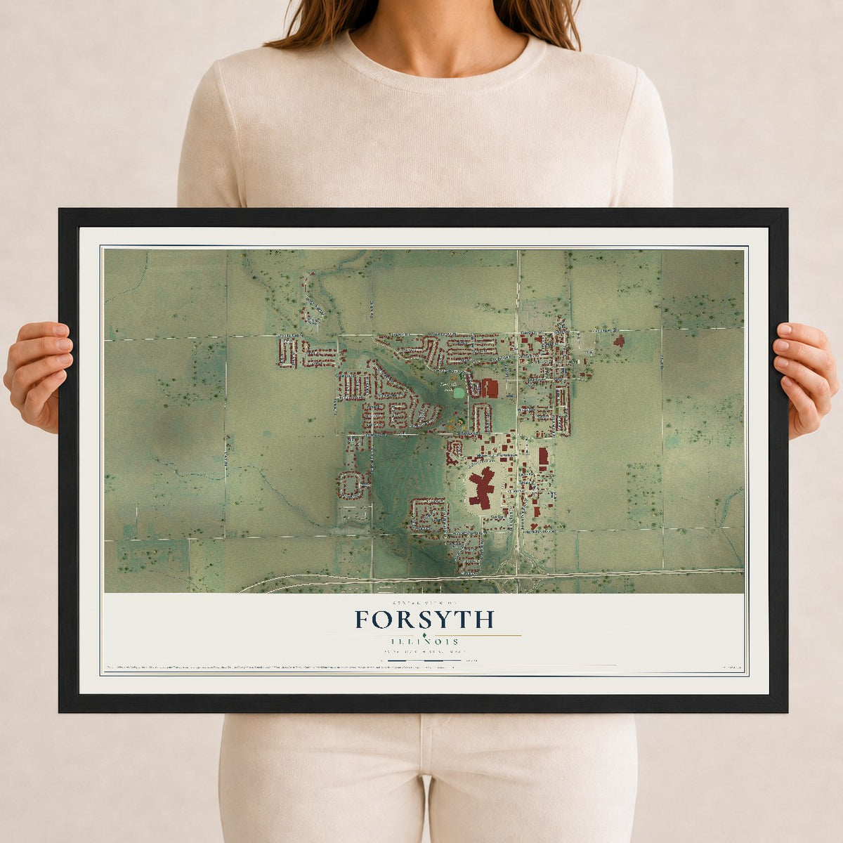 Map of Forsyth, Illinois, 12 x 18 inch print in a black wood frame