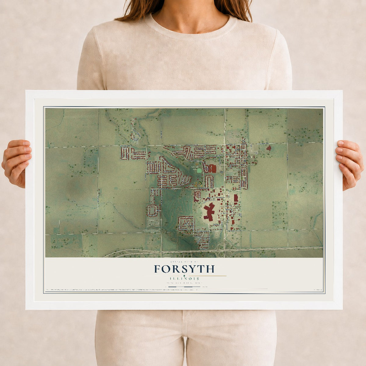 Map of Forsyth, Illinois, 12 x 18 inch print in a white wood frame