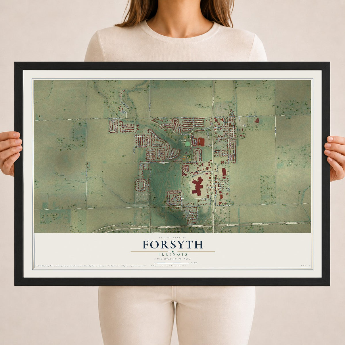 Map of Forsyth, Illinois, 18 x 24 inch print in a black wood frame