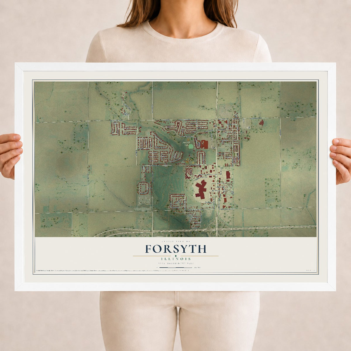 Map of Forsyth, Illinois, 18 x 24 inch print in a white wood frame