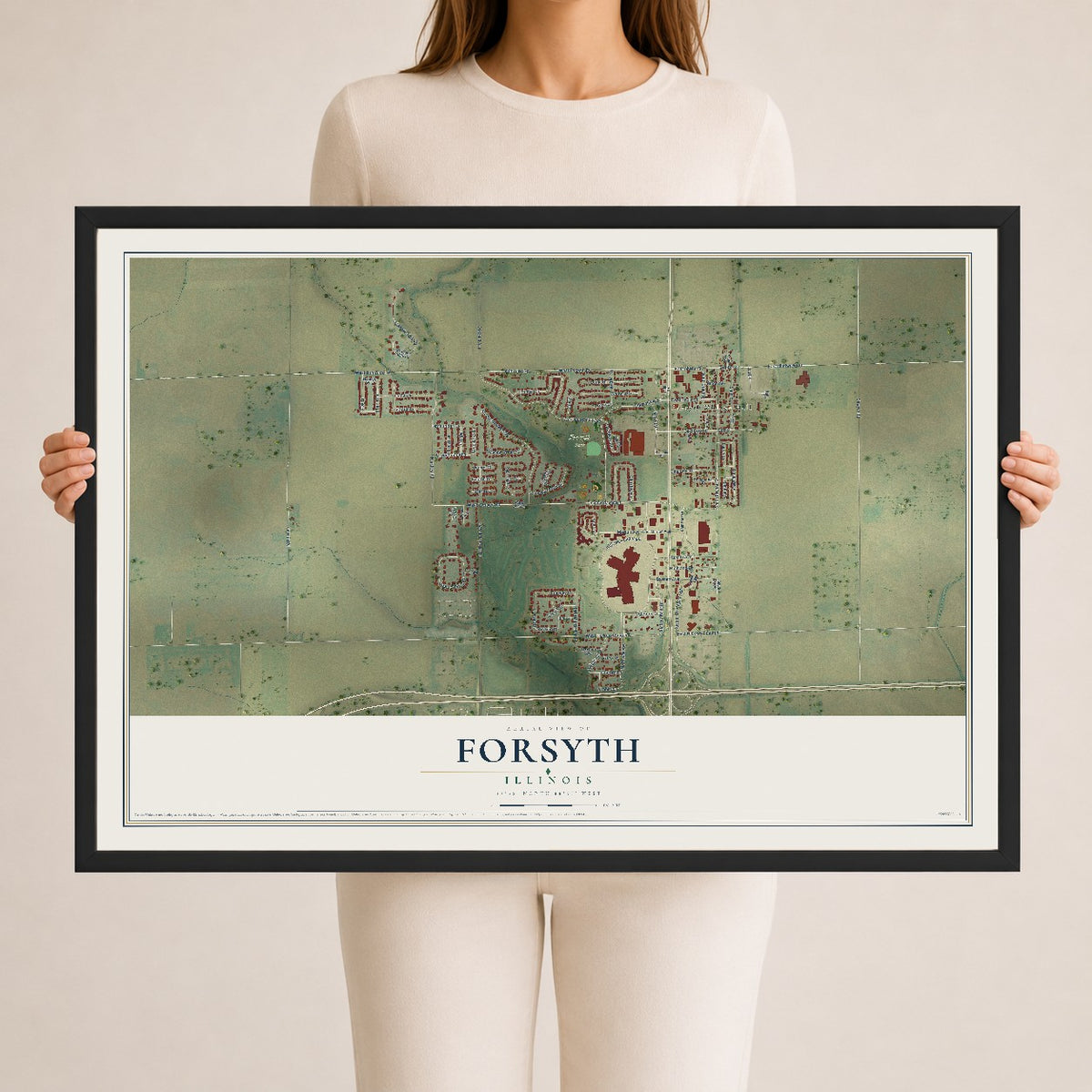Map of Forsyth, Illinois, 24 x 36 inch print in a black wood frame